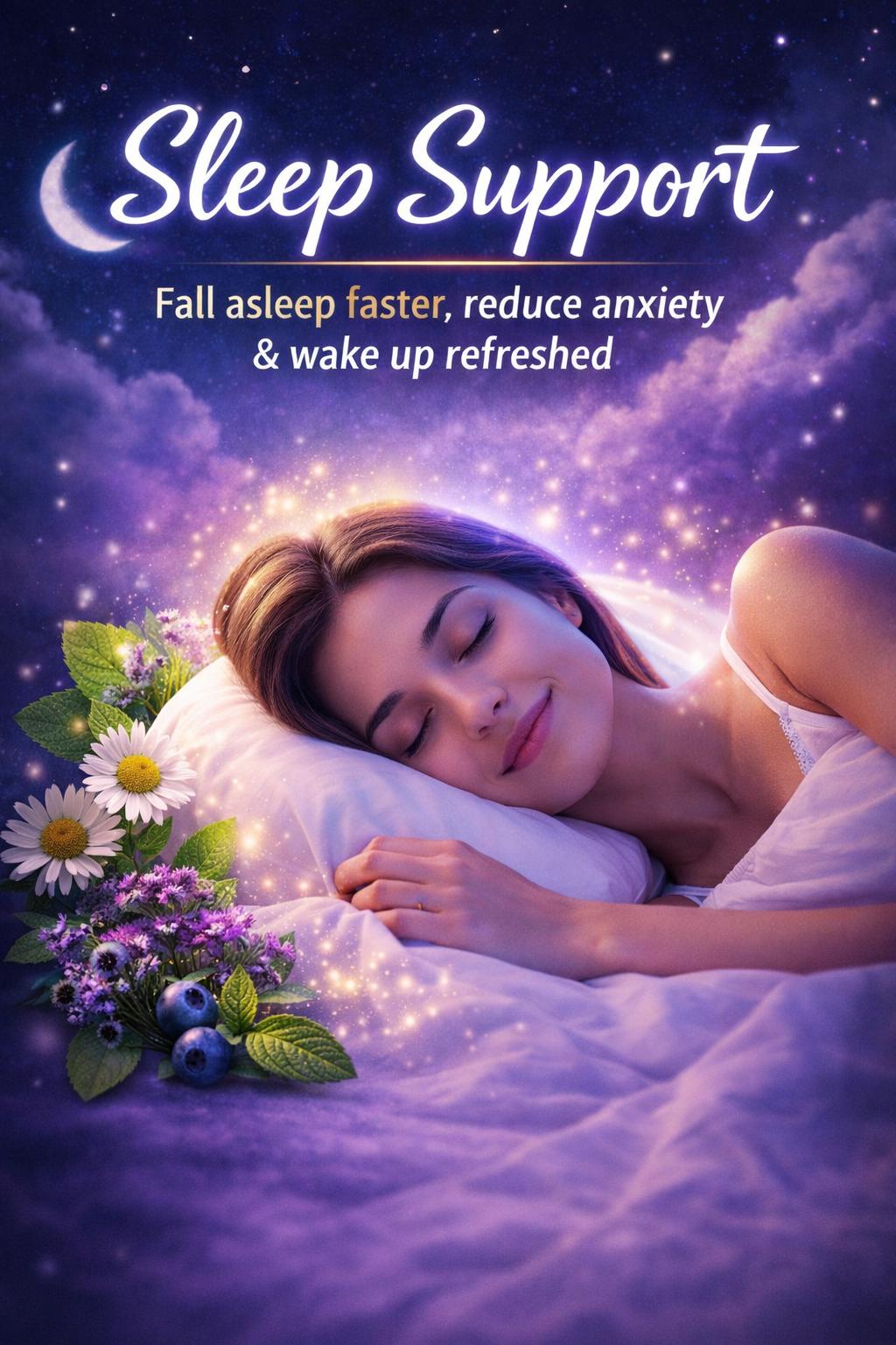 Discover Sleep Support – a natural, science-backed formula with melatonin, magnesium, B6, and herbs to help reduce anxiety, fall asleep faster, sleep deeper, and wake up refreshed. Combine with healthy habits for optimal rest